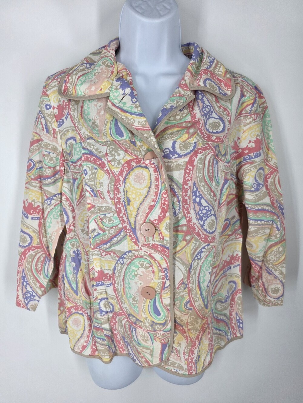 Koret Pastel Paisley Button Up Jacket Small Multi Color Cotton Blazer 3/4 Sleeve